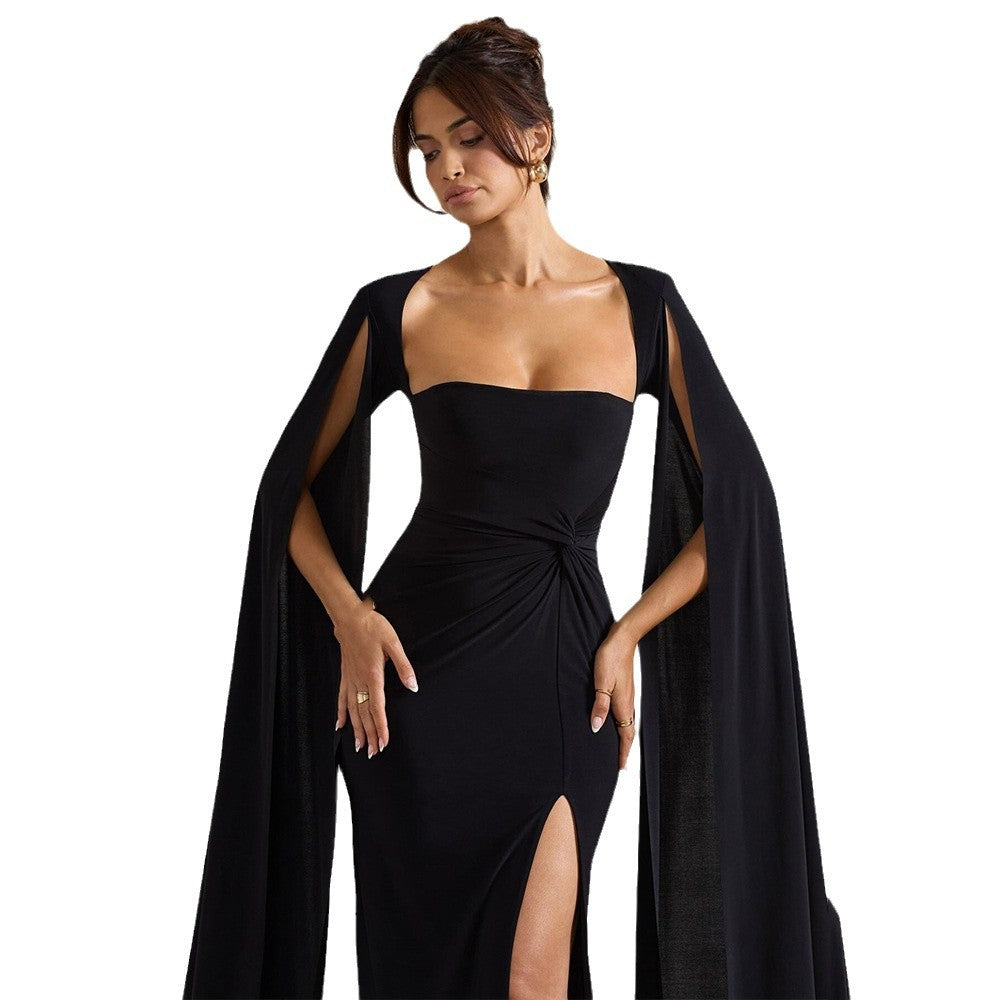 Damen Elegantes Maxikleid mit abnehmbarem Cape und seitlichem Schlitz R&B