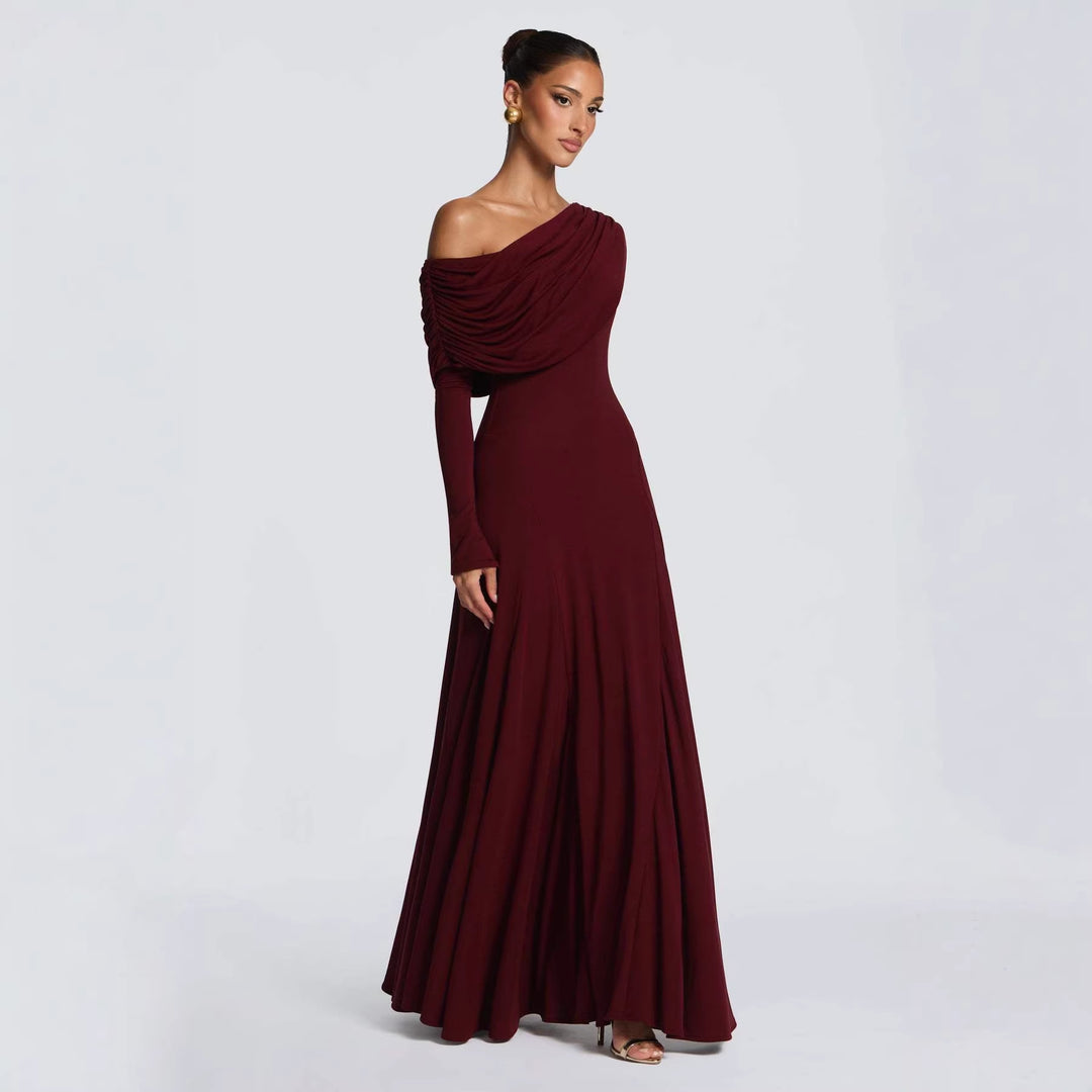 Damen Elegantes Langarm-Maxikleid mit asymmetrischem Drapierungsdetail R&B