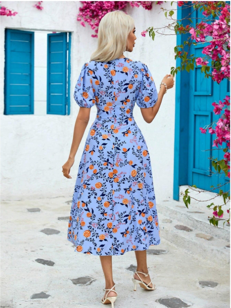 Damen Maxikleid mit durchgehendem Blumendruck und elegantem V-Ausschnitt R&B
