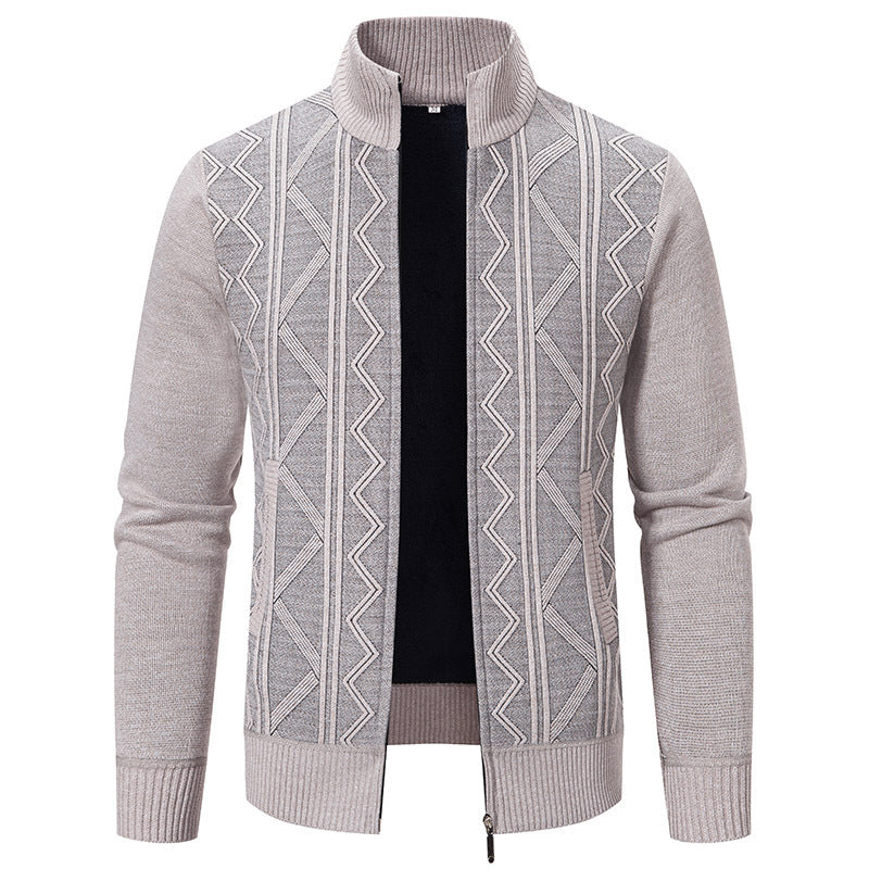 Herren elegante Strickjacke mit strukturiertem Zopfmuster und hohem Kragen R&B