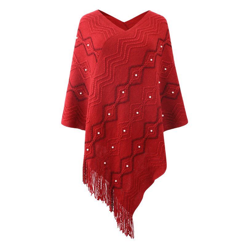 Damen eleganter Poncho mit auffälligem Strukturmuster und dekorativen Fransen R&B