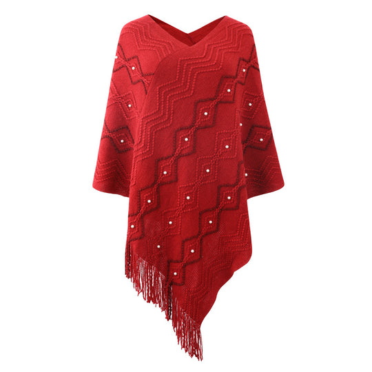 Damen eleganter Poncho mit auffälligem Strukturmuster und dekorativen Fransen R&B