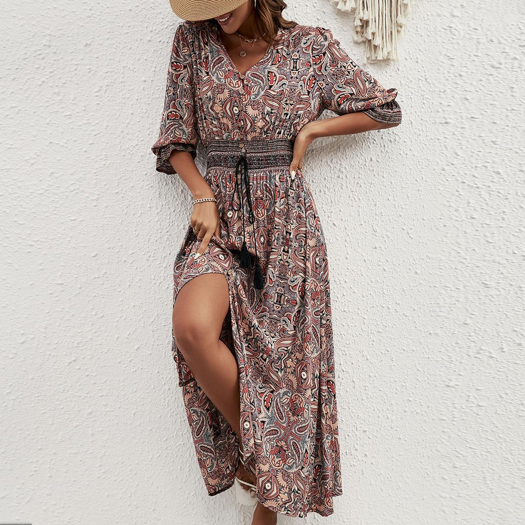 Damen Maxikleid mit abnehmbarem Taillengürtel und kunstvollem Muster R&B