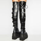 Damen Hochformatige Plateau-Stiefel mit modischem Reißverschluss und Schnür-Design R&B