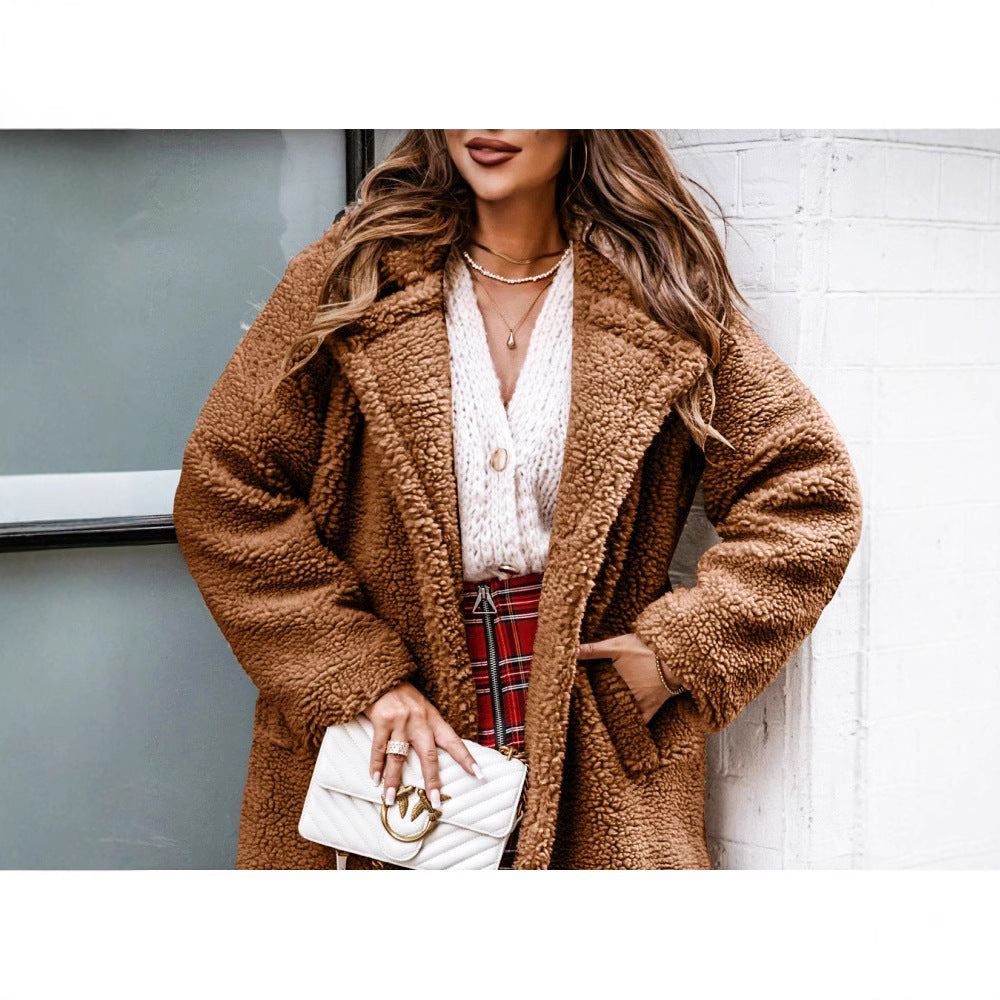 Damen Teddyfellmantel mit großzügigen Taschen und gemütlichem Kragen R&B