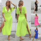 Damen elegantes Maxi-Kleid mit tiefem V-Ausschnitt und fließendem Rock R&B