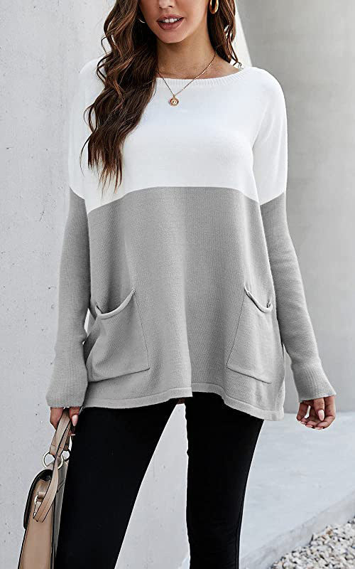 Damen Strickpullover mit großen Fronttaschen und kontrastiertem Design R&B