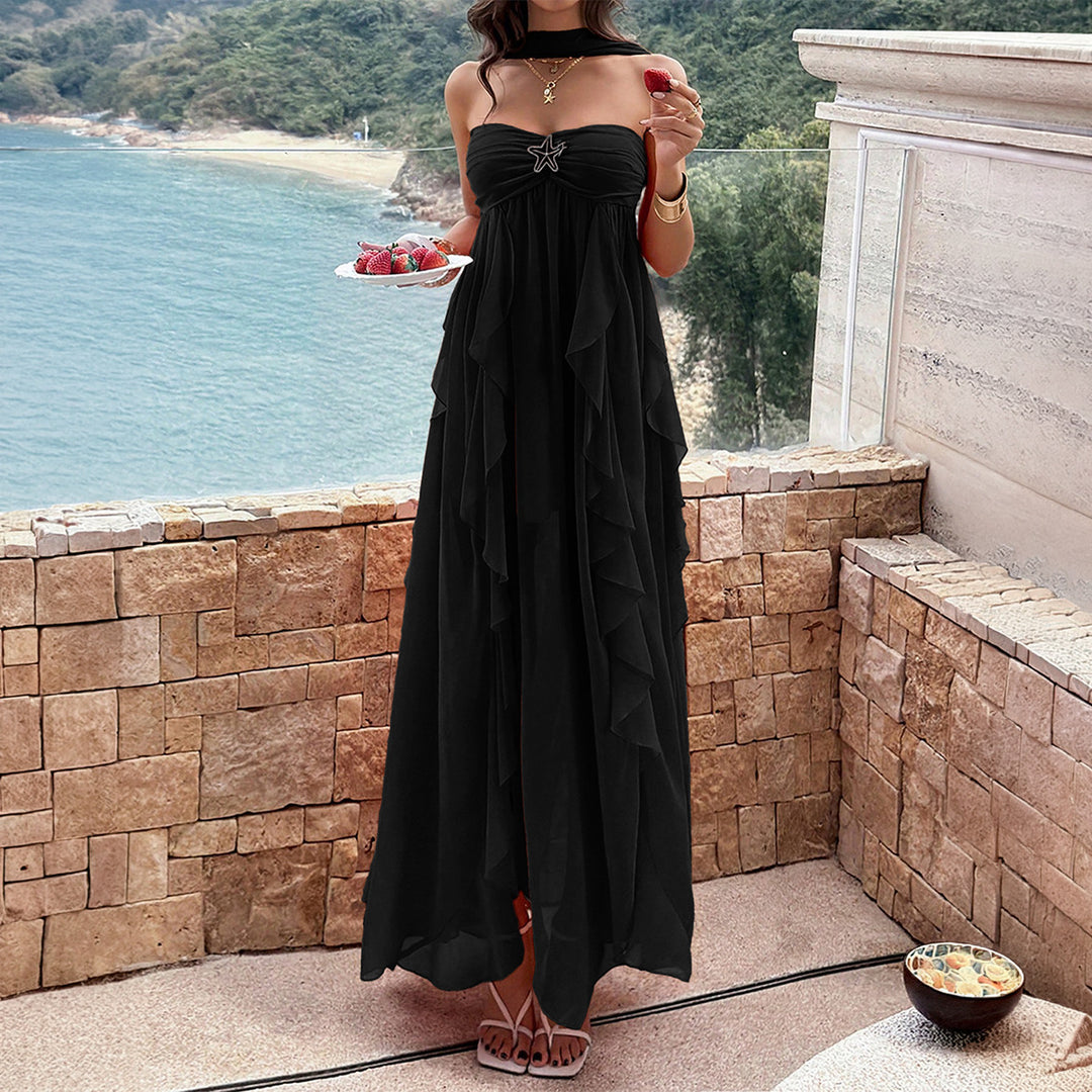 Damen Maxikleid mit schwingendem Rüschendesign und elegantem Bustier R&B
