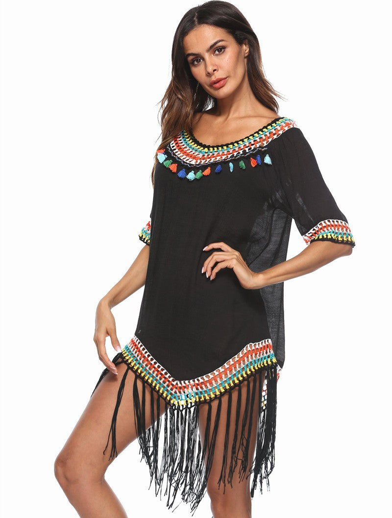 Damen Strandüberwurfkleid mit fransigem Saum und buntem Häkelmuster R&B
