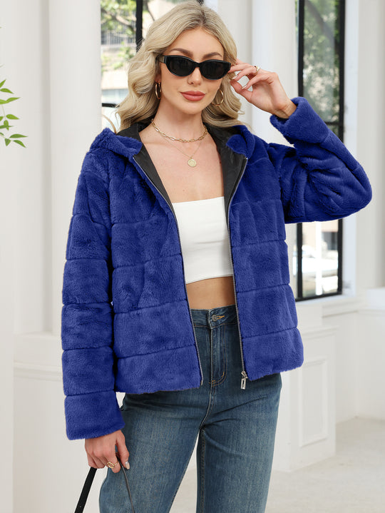Damen Kuschelige Oversized-Fleecejacke mit Reißverschluss und Kapuze R&B