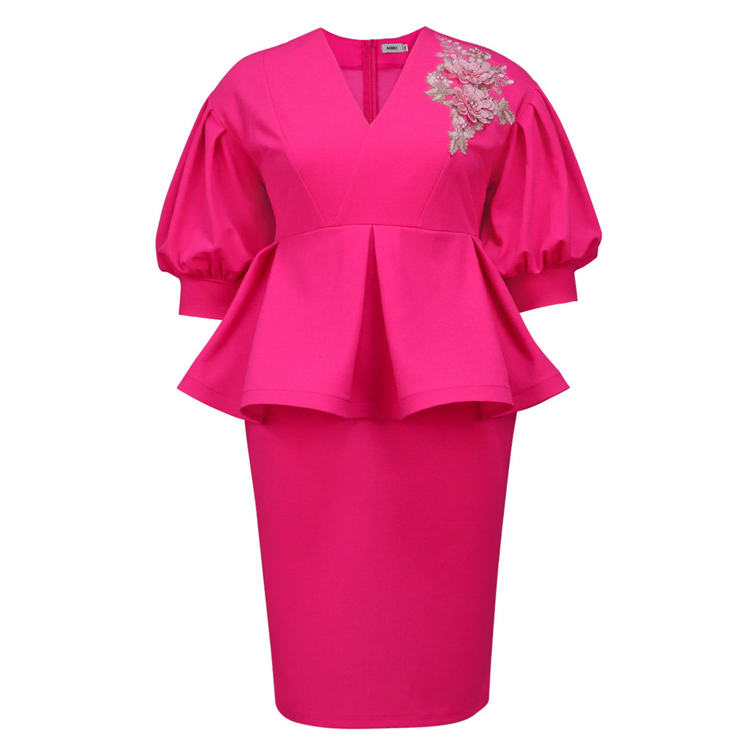 Damen elegantes A-Linien Kleid mit modischen Puffärmeln und floralem Akzent R&B
