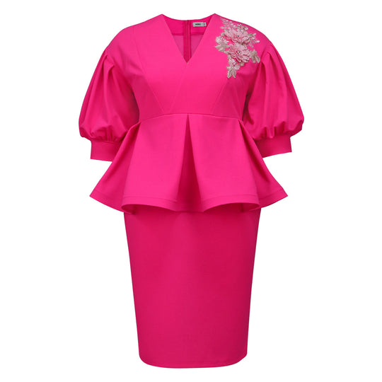 Damen elegantes A-Linien Kleid mit modischen Puffärmeln und floralem Akzent R&B