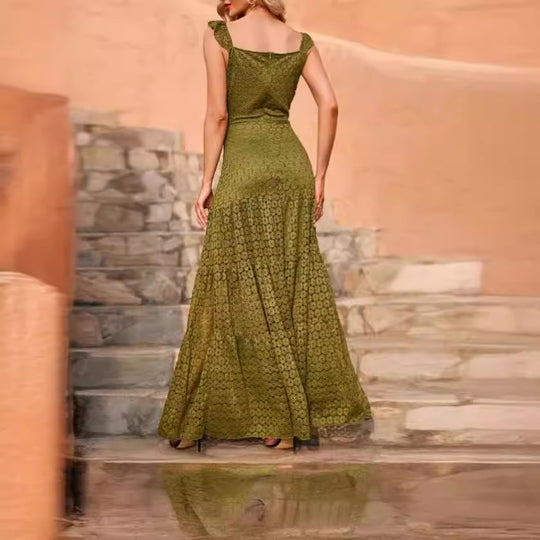 Damen Maxikleid mit exquisite Häkelstruktur und fließendem Rock R&B