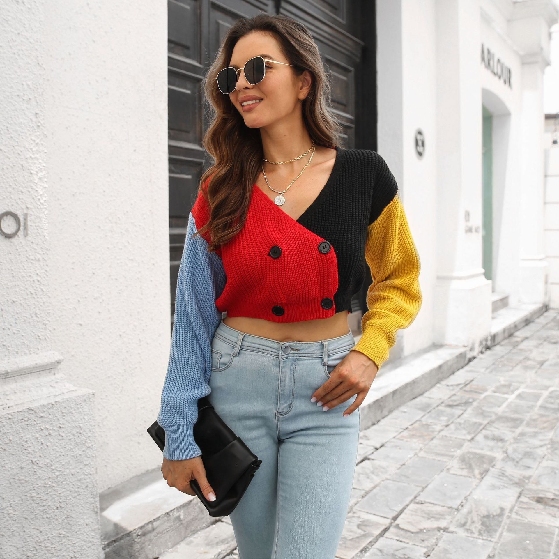 Damen cropped Strickjacke mit modischem Farbblock-Design R&B