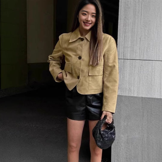 Damen Elegante Kunstlederjacke mit angedeuteten Taschen R&B