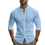Herren Langarm-Hemd mit modernem Henley-Kragen und kontrastierenden Knopfdetails R&B