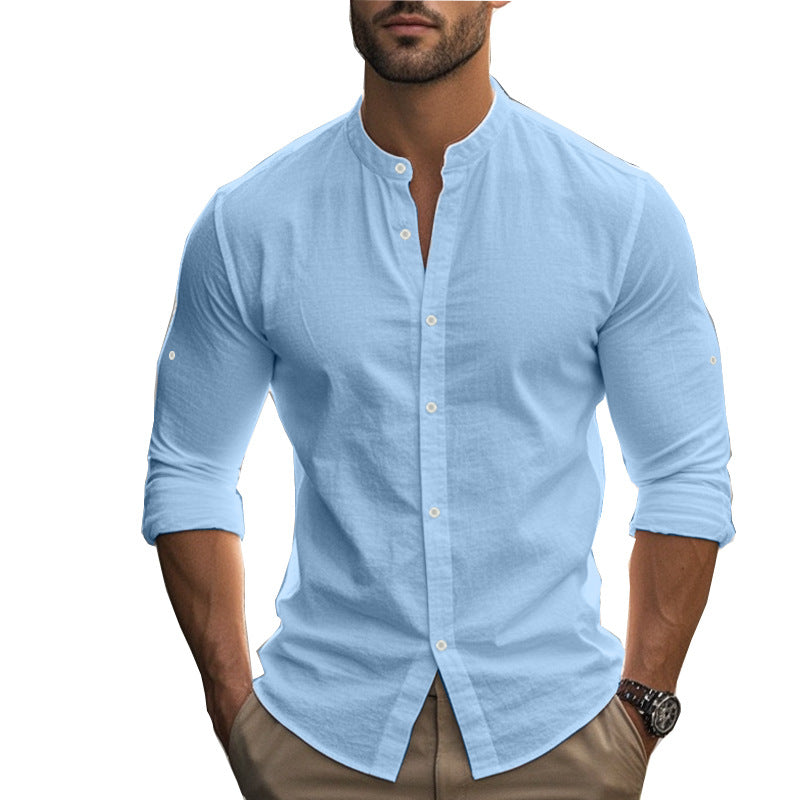 Herren Langarm-Hemd mit modernem Henley-Kragen und kontrastierenden Knopfdetails R&B