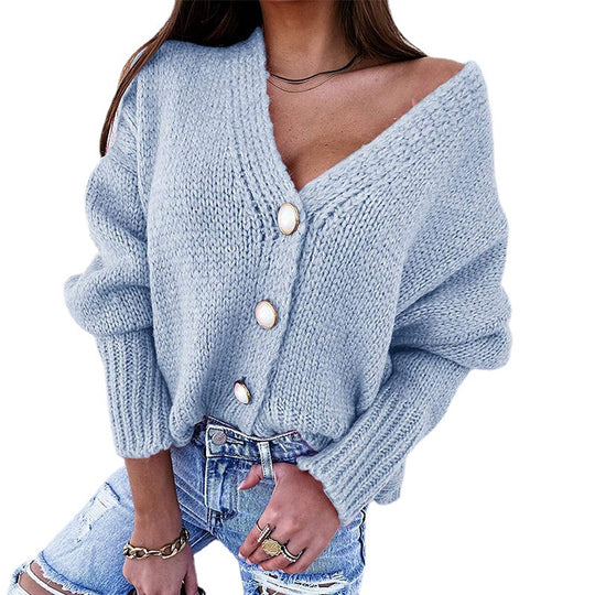 Damen Kuscheliger Cardigan mit tiefem V-Ausschnitt und dekorativen Knöpfen R&B