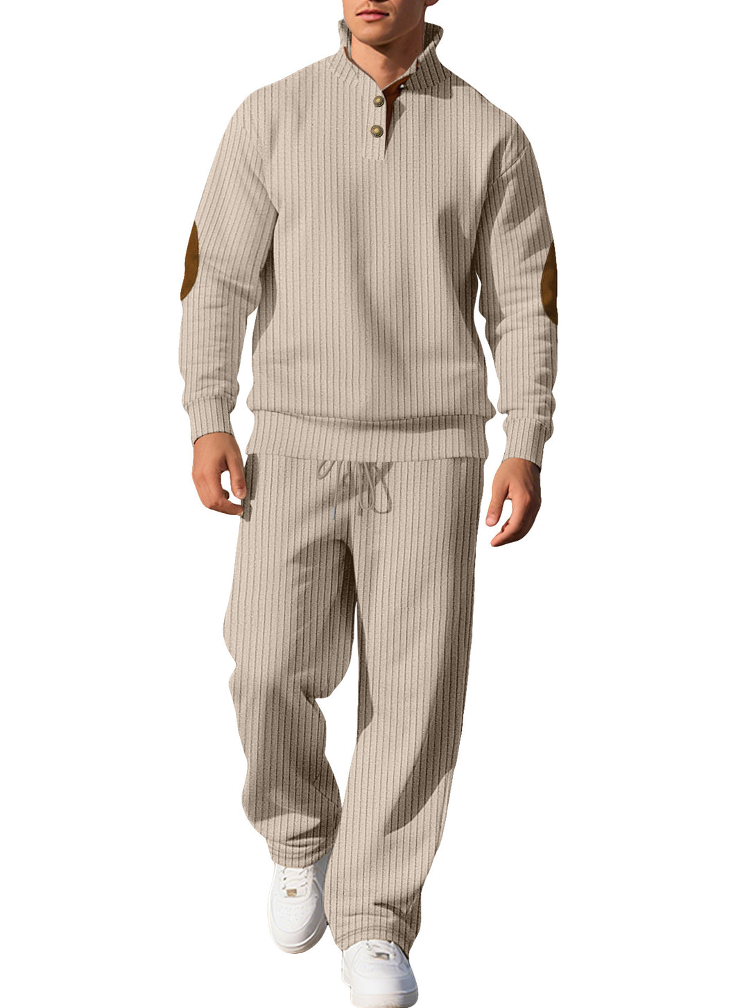 Herren nan feiner Rippstrickpullover mit halber Knopfleiste hohem Stehkragen und kontrastierendem Suedine-Ellbogenbesatz R&B