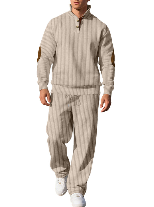 Herren nan feiner Rippstrickpullover mit halber Knopfleiste hohem Stehkragen und kontrastierendem Suedine-Ellbogenbesatz R&B