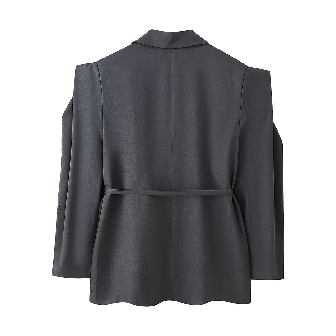 Damen elegante Oversized-Blazerjacke mit Gürtel und Schulterpolstern R&B
