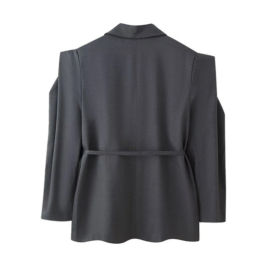 Damen elegante Oversized-Blazerjacke mit Gürtel und Schulterpolstern R&B