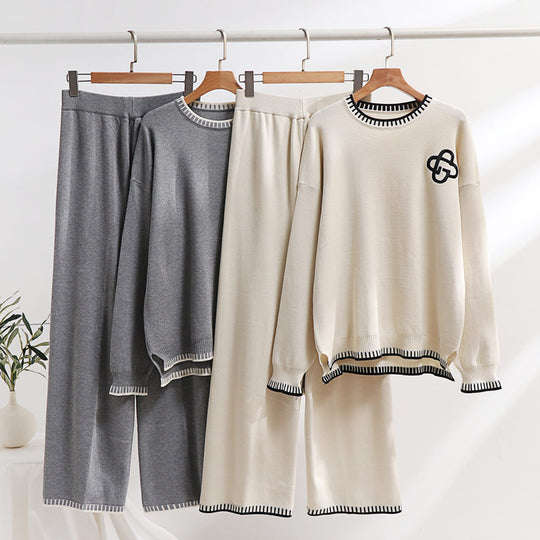 Damen lässiges Strick-Loungewear-Set mit dekorativen Kontrastdetails R&B