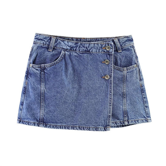 Damen Denim-Minirock im asymmetrischen Schnitt mit dekorativen Knöpfen R&B