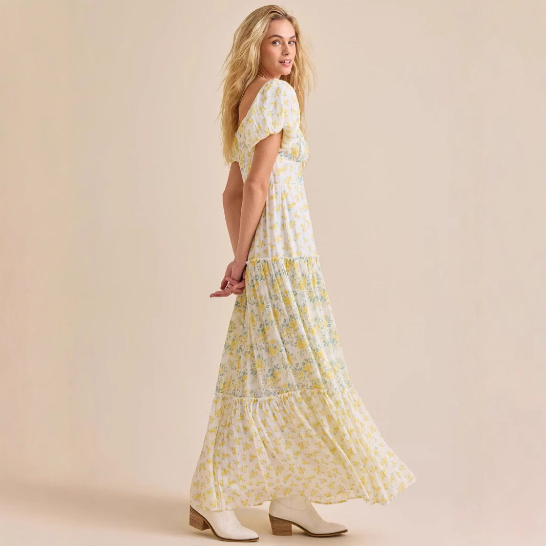 Damen Maxikleid mit blumigem Design und hochwertigen Puffärmeln R&B