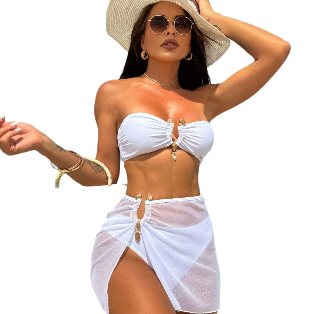 Damen Bandeau-Bikini mit raffiniertem Schnitt und verzierten Knöpfen R&B