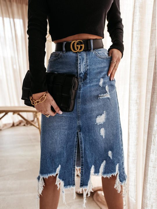 Damen Jeansrock mit ausgefransten Säumen und dekorativen Rissen R&B