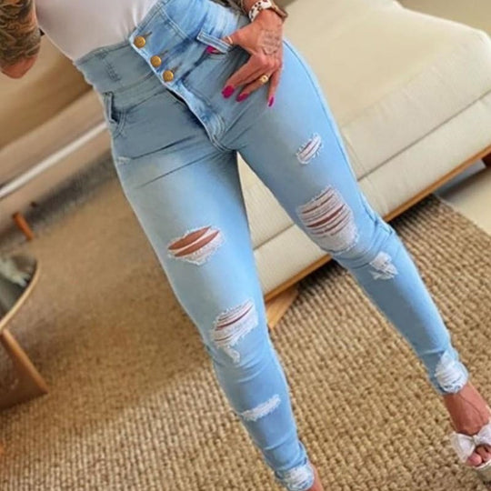 Damen High-Waist Denim Jeans mit modischen Destroyed-Details R&B