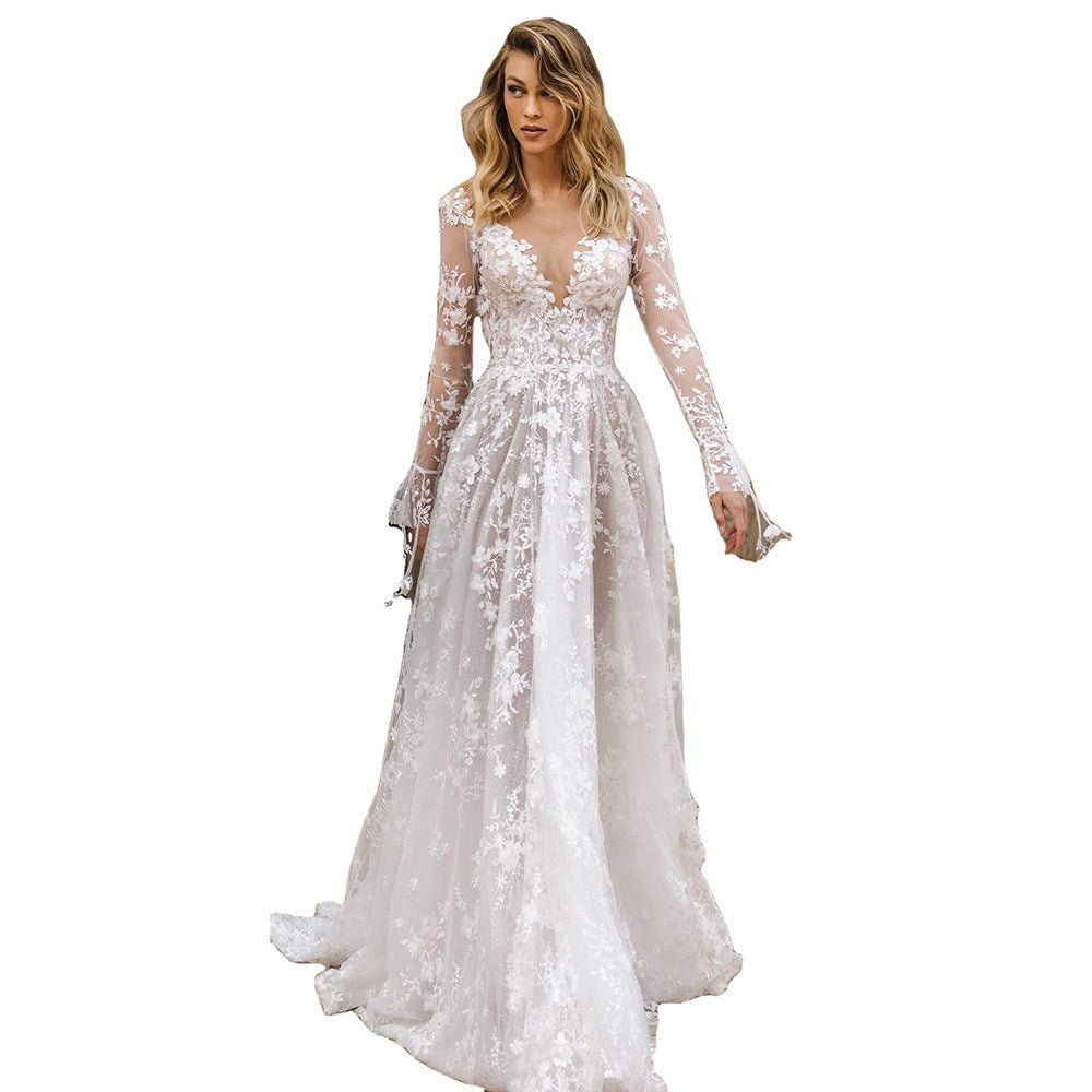 Damen Elegantes Hochzeitskleid mit floralen Spitzenapplikationen und tiefem V-Ausschnitt R&B