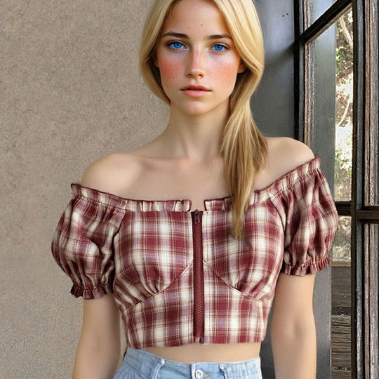 Damen Cropped Bluse mit Puffärmeln und Reißverschluss R&B