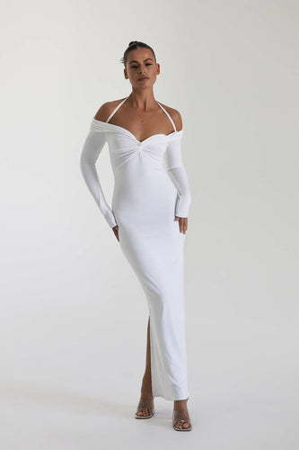 Damen Maxi-Kleid mit Off-Shoulder Design und elegantem Schlitz R&B