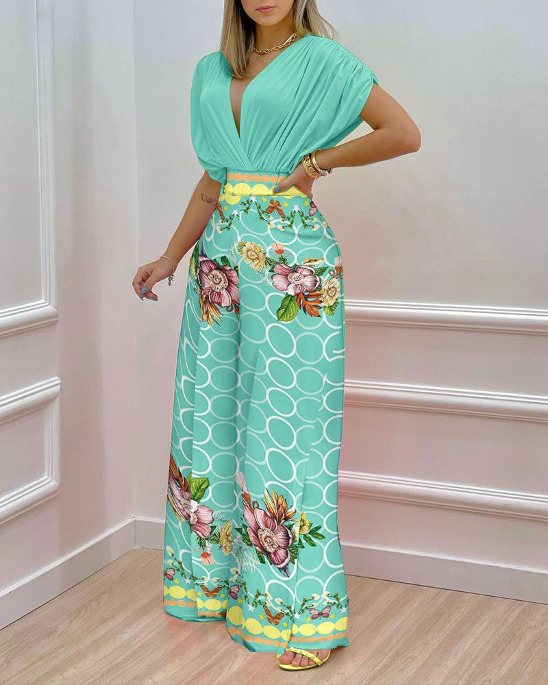Damen Blusenset mit weitem Hosenbein und floralem Print R&B