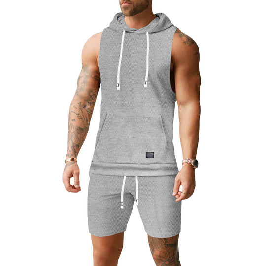 Herren nan ärmelloses Kapuzenweste-Set aus strukturiertem Baumwollmix mit Kängurutasche und Tunnelzug-Shorts R&B