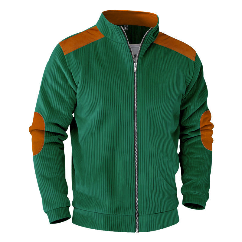 Herren nan gerippte Stehkragen-Sweatjacke mit durchgehendem Reißverschluss, Schulter- und Ellbogen-Patches R&B