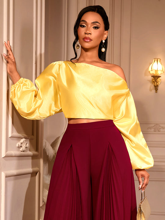Damen elegantes asymmetrisches Oberteil mit voluminösen Puffärmeln R&B
