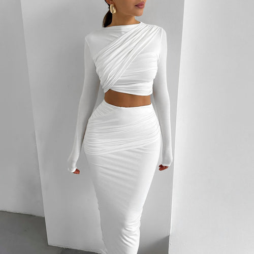 Damen Elegantes Wickeloberteil und Maxi-Rock Set mit langen Ärmeln und figurbetonter Silhouette R&B