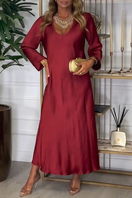 Damen elegantes Maxikleid mit tiefem V-Ausschnitt und fließendem Schnitt R&B