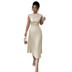 Damen elegantes ärmelloses Midi-Kleid mit drapiertem Ausschnitt R&B