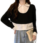 Damen Cropped Strickpullover mit integriertem Hemd