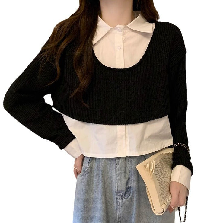 Damen Cropped Strickpullover mit integriertem Hemd
