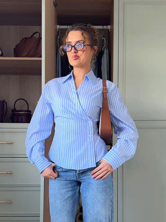 Damen elegante Wickelbluse mit einem modernen Streifenmuster R&B