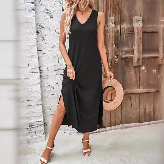 Damen Maxikleid mit V-Ausschnitt und seitlichem Schlitz R&B