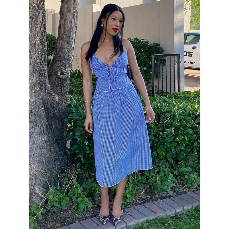 Damen Sommerliches Maxikleid mit V-Ausschnitt und Gingham-Muster R&B