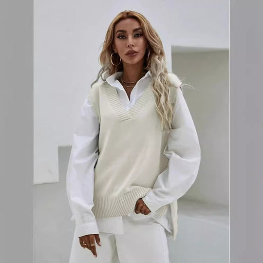 Damen Strickweste mit V-Ausschnitt und feiner Rippenstruktur R&B