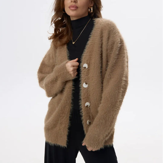 Damen Flauschiger Cardigan mit Perlknöpfen und lockerer Passform R&B