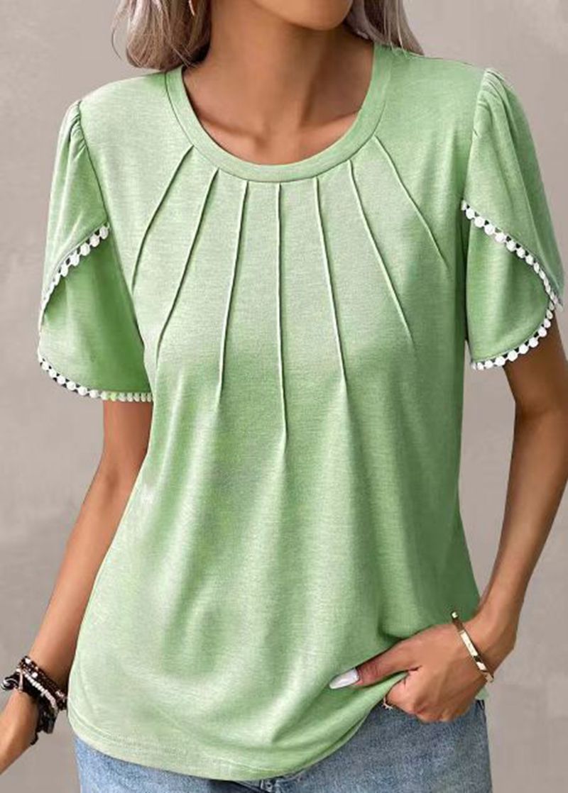Damen nan Rundhals-Shirt mit dekorativer Kellerfalten-Front, Flatterärmeln und Pompon-Borte R&B